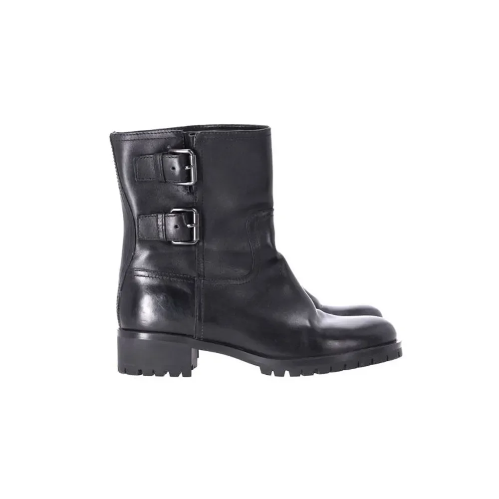 Prada Mid-Calf Moto Boots in Black Leather